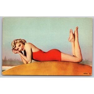 Pin-Up Girl Vintage Postcard Red Swimsuit Blonde Woman Linen